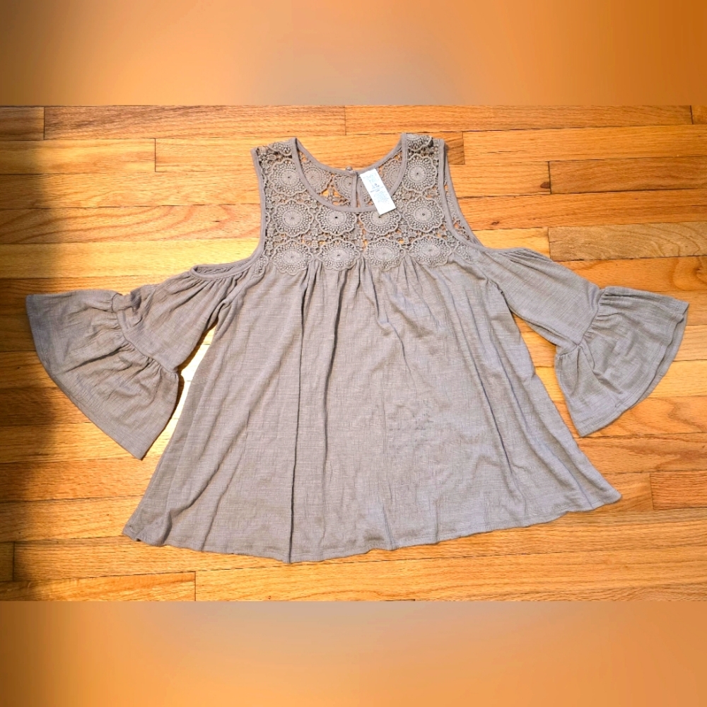 Womens Cold Shoulder Top Tan Ruffle Lace